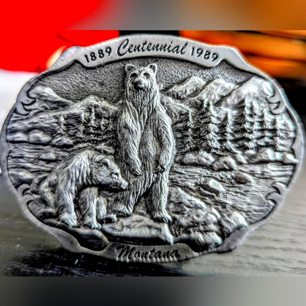 Vintage Montana Centennial 1889-1989 Belt Buckle - Colorado Silver Star - Bear